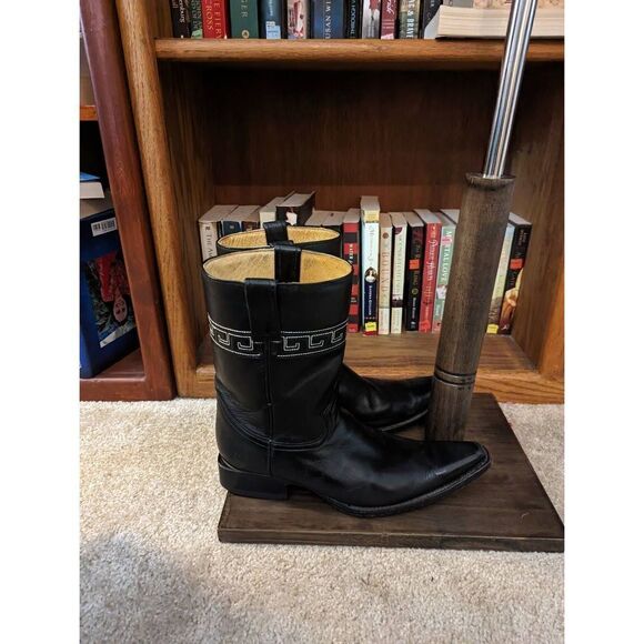 Rudel Rogers black pointed toe cowboy boots sz 8 EE white Aztec style stitching - Picture 6 of 6